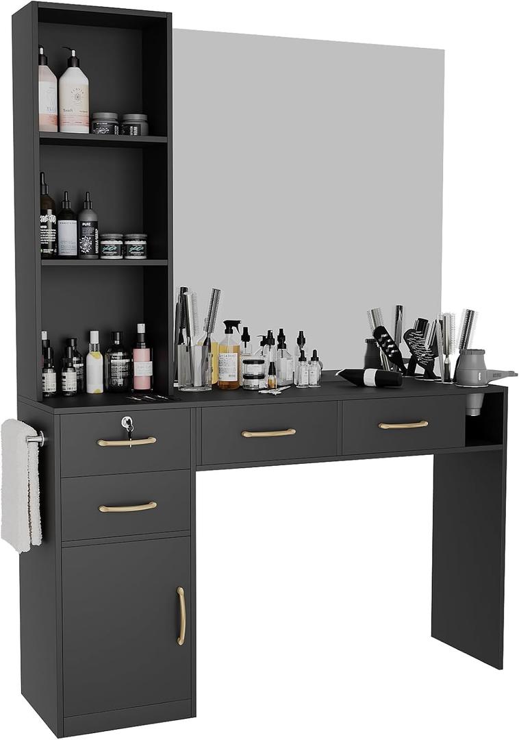 Barber Salon Station for Hair Styling  Professional Salon Station with 1 Cabinet, 3 Open Compartments, and 4 Drawers (One Lockable)  Includes Blow Dryer Rack, No Mirror, Black Beauty Spa Furniture