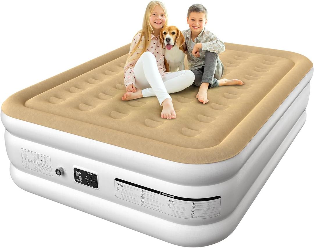 Air Mattress Queen with Built in Pump, Portable Air Bed for Camping & Guest, Antileak Blow Up Mattress with Soft Flocked Top, Foldable Queen Air Mattress with Built in Pump (18 Inches - Beige & White)