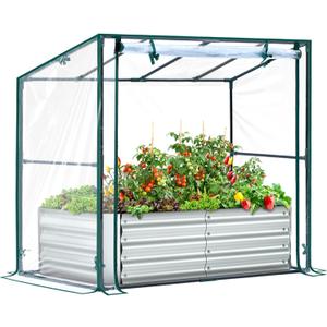 Ohuhu Raised Garden Bed with Cover Outdoor, 4x2x1 FT Galvanized Metal Planter Box with PVC Greenhouse Cover, Protects Plants from Frost Birds Insects, 3-in-1 Gardening Set for Vegetable Flower Herb
