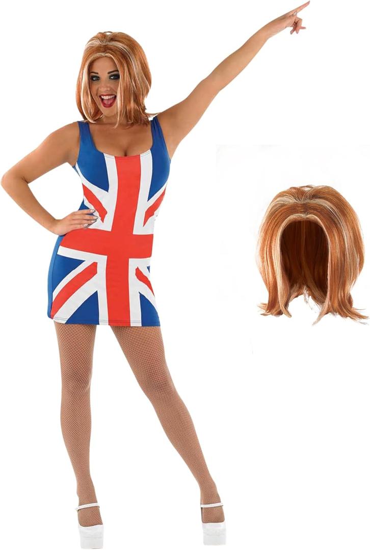 fun shack Womens Union Jack Dress Costume - 90s Popstar British Flag Halloween Outfit for Adults (Large)