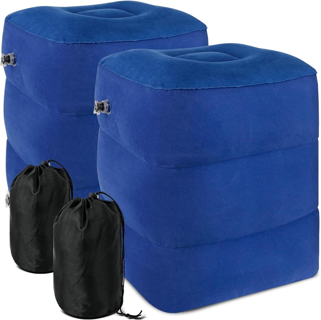 Inflatable Travel Foot Rest Pillow, Toddler & Kids Airplane Bed, Adjustable Height Leg Pillows for Sleeping, Airplane Travel Essentials Foot Pillow for Airplane Travel Car Train Office 2PK (Blue)