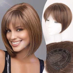Brown Hair Toppers for Women Short Bob Hairpiece with Bangs Side Part Synthetic Tooper for Thinning Hair Toppers with Bangs