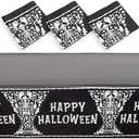 Spooky Central Skeleton Coffin Happy Halloween Tablecloth, Black Table Cover (54 x 108 in, 3 Pack) - Table Cloths