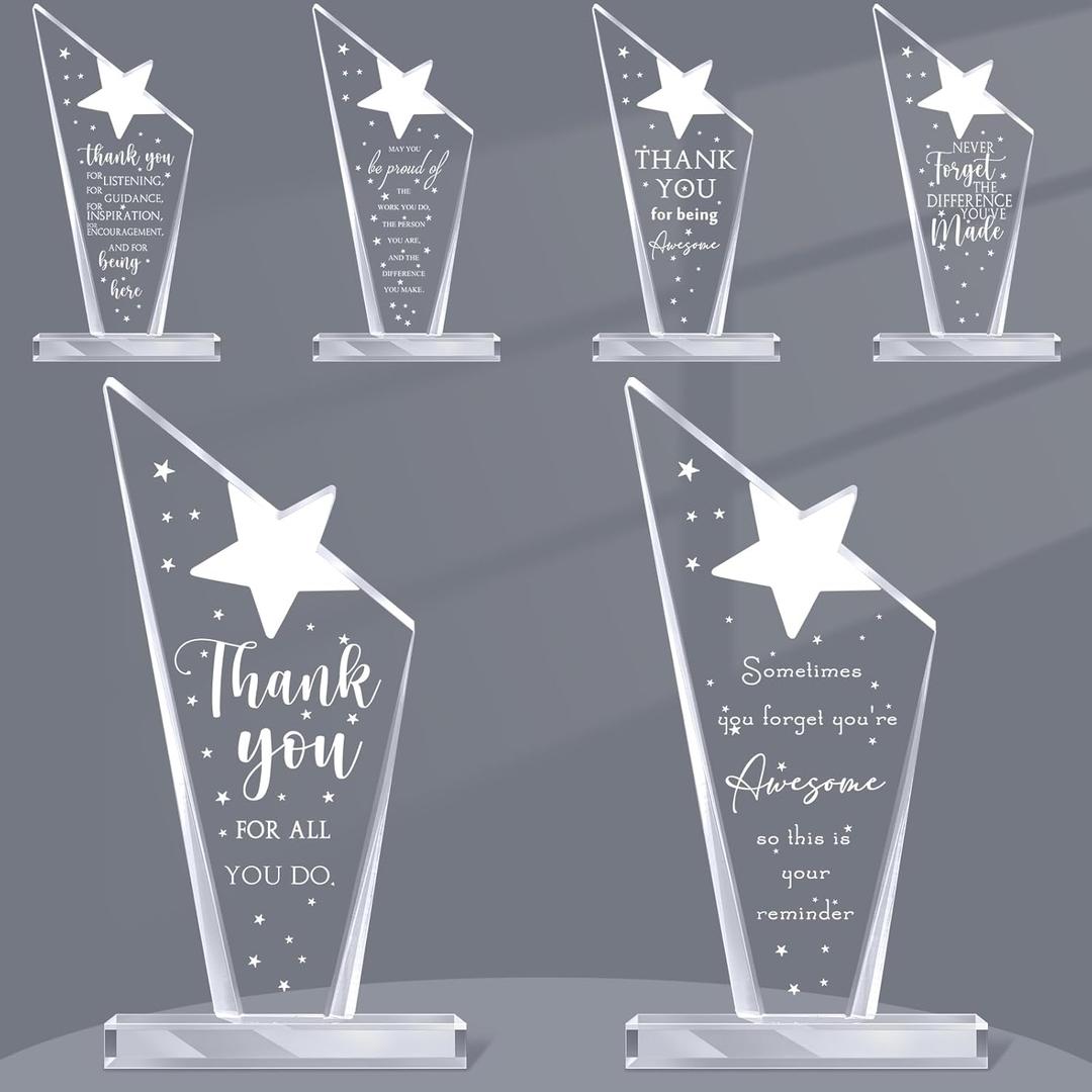 Geelin 6 Pcs Christmas Employee Appreciation Awards Christmas Acrylic Thank You Gifts Inspirational Plaque Keepsake for Coworker Teacher Nurse Team Volunteer Retirement(Star)