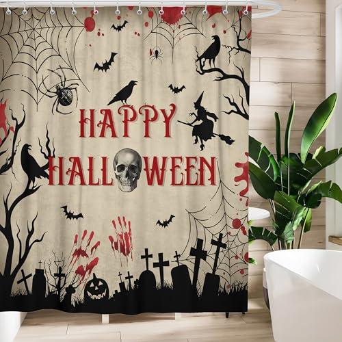 Halloween Shower Curtains for Bathroom Creepy Witch Bat Skull Gothic Spider Crow Pumpkin in Graveyard Shower Curtain Waterproof Fabric Happy Halloween Decoration Bathroom Curtain with Hooks 72"x72"