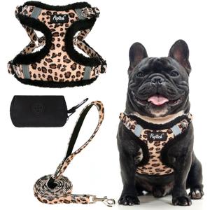 PUPTECK Dog Harness and Leash Set Small Sized, Step in No Pull Adjustable Puppy Cat Harness Reflective Pet Vest (M (17-25lbs, Chest 17"-21"), #3 Brown(Plush Leopard Print))