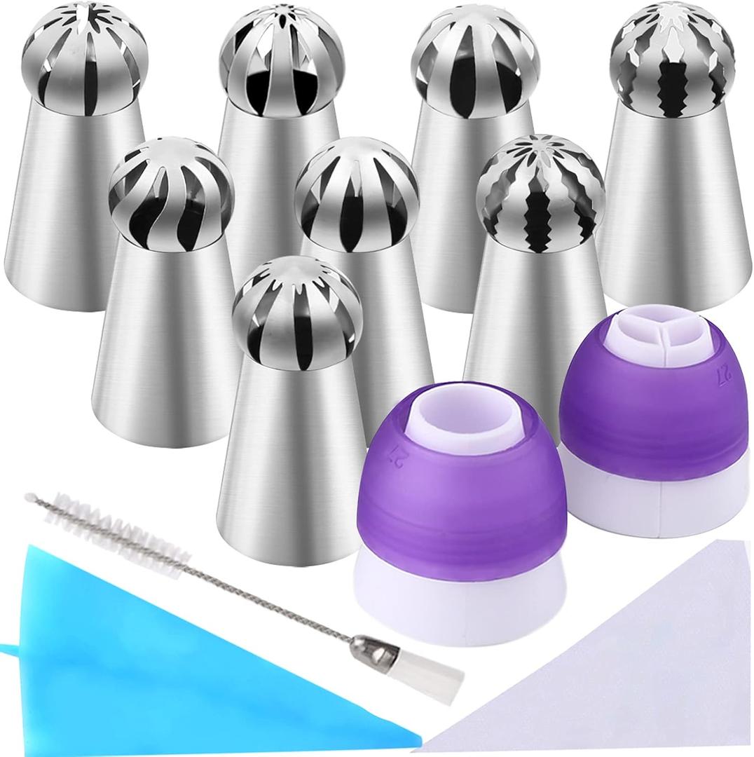 42 Pcs Russian Piping Tips Set, 8 Nozzles Flower Frosting Icing Tips Russian Ball Piping Tips for Cake Decorating Kit, 2 Couplers 30 Pastry Baking Bags 1 Cleaning Brush, 1 Reusable Silicone Bag YLYL