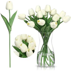 20 Pcs Artificial Tulip Silk Fake Flowers with Vase 14 Inch Faux Tulip Flowers Arrangement for Table Centerpieces Spring Home Decor Flower Lover(Cream White)