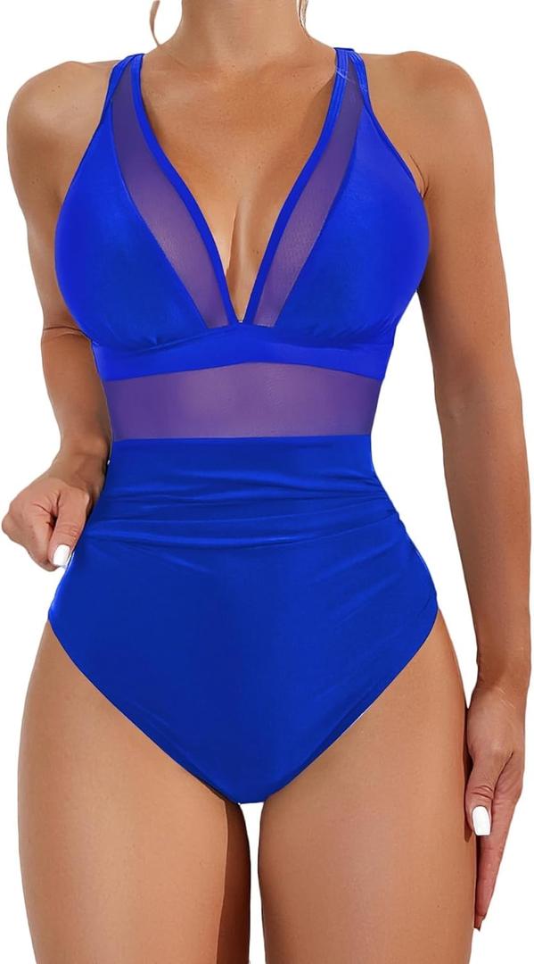 Sexy Mesh Tummy Control Full Coveragel One Piece Bathing Suit for Women (Large, Royal Blue) Sexy Mesh Tummy Control Full Coveragel One Piece Bathing Suit for Women (Large, Royal Blue)