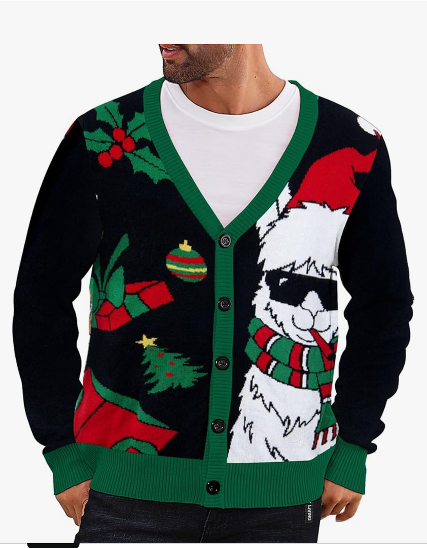 Men's Christmas Cardigan Sweater V Neck Buttons Knitted Cardigans Ugly Xmas Sweater