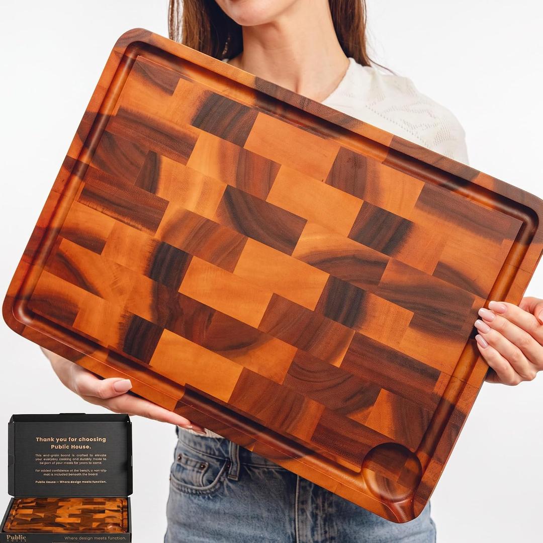Large End Grain Wood Cutting Board - Thick Butcher Block Wood Chopping Board - 20 x 14 x 2 Inch - Double-Sided Acacia with Non-Slip Mat - Large Kitchen - Heavy Duty, 20"L x 14.2"W