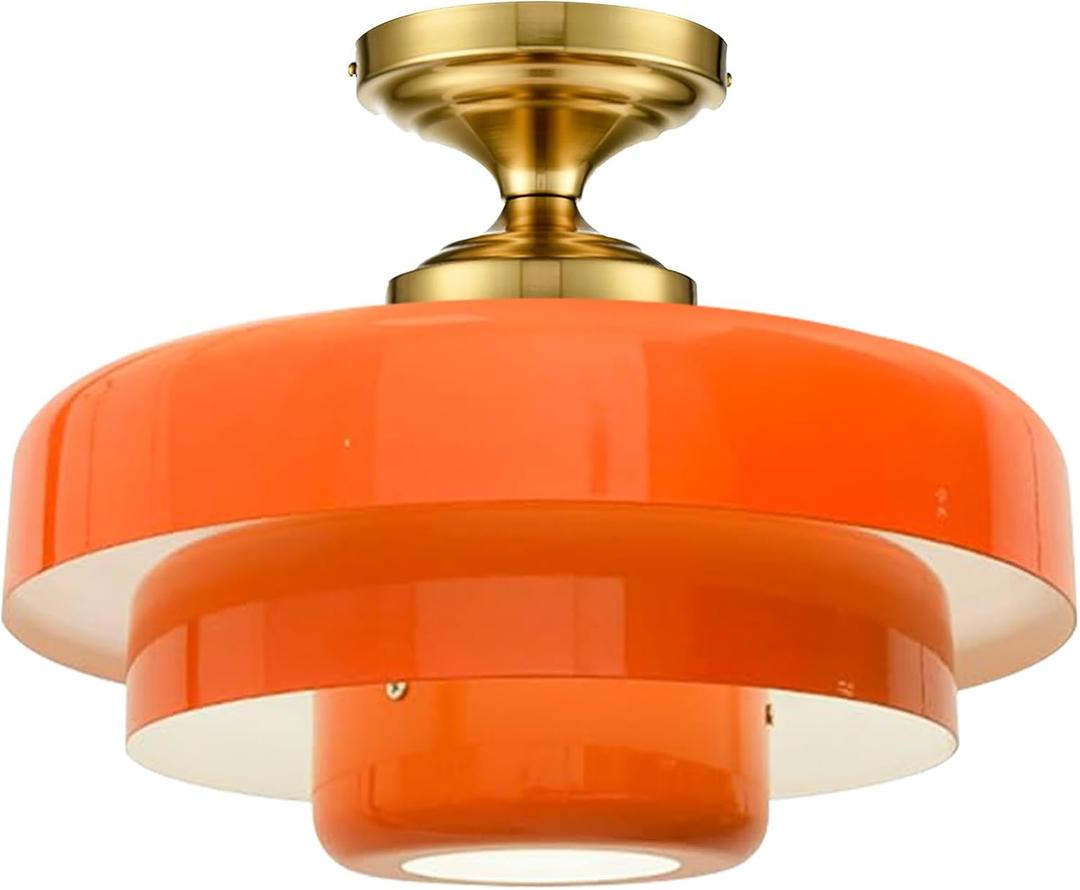 Mid Century Ceiling Light Fixtures Orange Chandelier 3-Layer Gold Dome Ceiling Lamps, Metal Orange Finish, Gold Semi Flush Mount Light Fixtures for Dining Room, Hallway