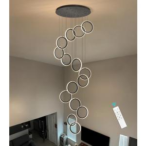 15 Rings High Ceiling Chandelier Modern Dimmable LED Pendant Light Luxury Staircase Chandeliers with Remote for Living Room Foyer Entrance Black