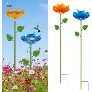 Bee Watering Station for Garden, 2 Pack Bee Drinking Station with Umbrella Design, Metal Butterfly Feeder Bee Baths for Outdoor Garden Yard Decor (Blue,Yellow)