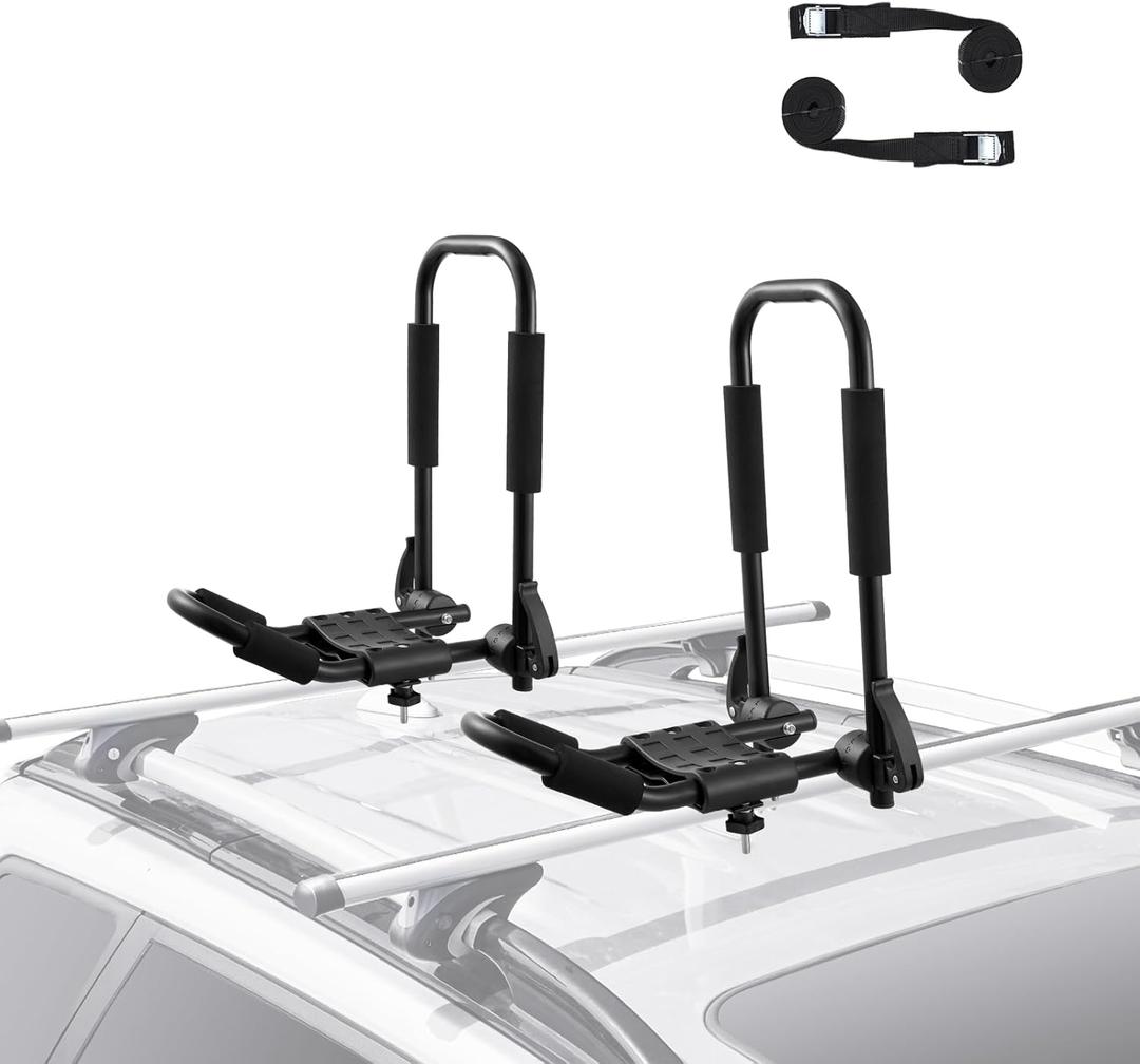 VEVOR Kayak Roof Rack 1 Pair J-Bar, Soft Roof Rack Quick Folding, Top Mount Tie Down, Carrier for Kayak, Surf Board, Canoe, SUP, Ski Board, Mount on Car, SUV, Truck, 1 Kayak