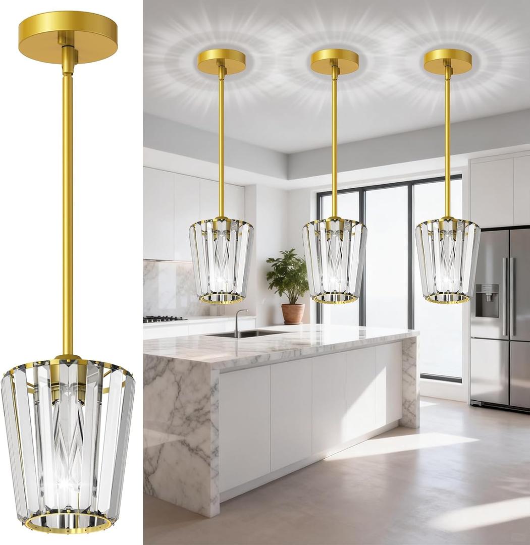 3 Pack Crystal Pendant Lights Kitchen Island - Modern Gold Pendant Light Mini Adjustable Hanging Pendant Lights for Kitchen Island Dining Room Foyer Hallway