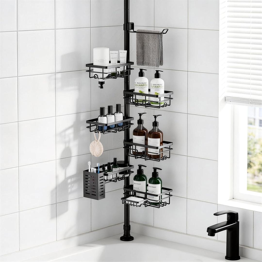 Shower Caddy Organizer Tension Pole, Rustproof 6-Pack Corner Shelf with 30-120 Inch Adjustable Shower Rack for Inside Shower, Extra Towel Bar & Soap Dish for Bathroom Organizers and Storage, Black