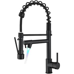 BESy 20 Inch Black Kitchen Faucet with Pull Down Sprayer, Dual Morden Commercial Rv Single Handle Single Hole Double Spout LED Spring Kitchen Sink Faucet with Pot Filler, Matte Black