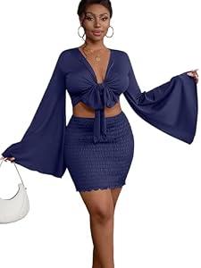 LYANER Women 2 Piece Vacation Outfits Tie Knot Front Bell Long Sleeve Crop Top and Mini Skirt Summer Set Navy Blue XX-Large