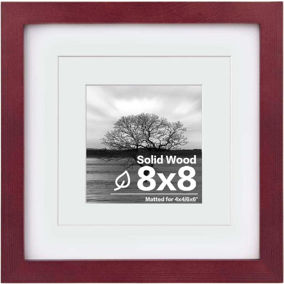 Egofine 8x8 Picture Frame Made of Solid Wood with Plexiglass, Display Pictures 4x4/6x6 with Mat or 8x8 Without Mat for Tabletop and Wall Mounting, Dark Red