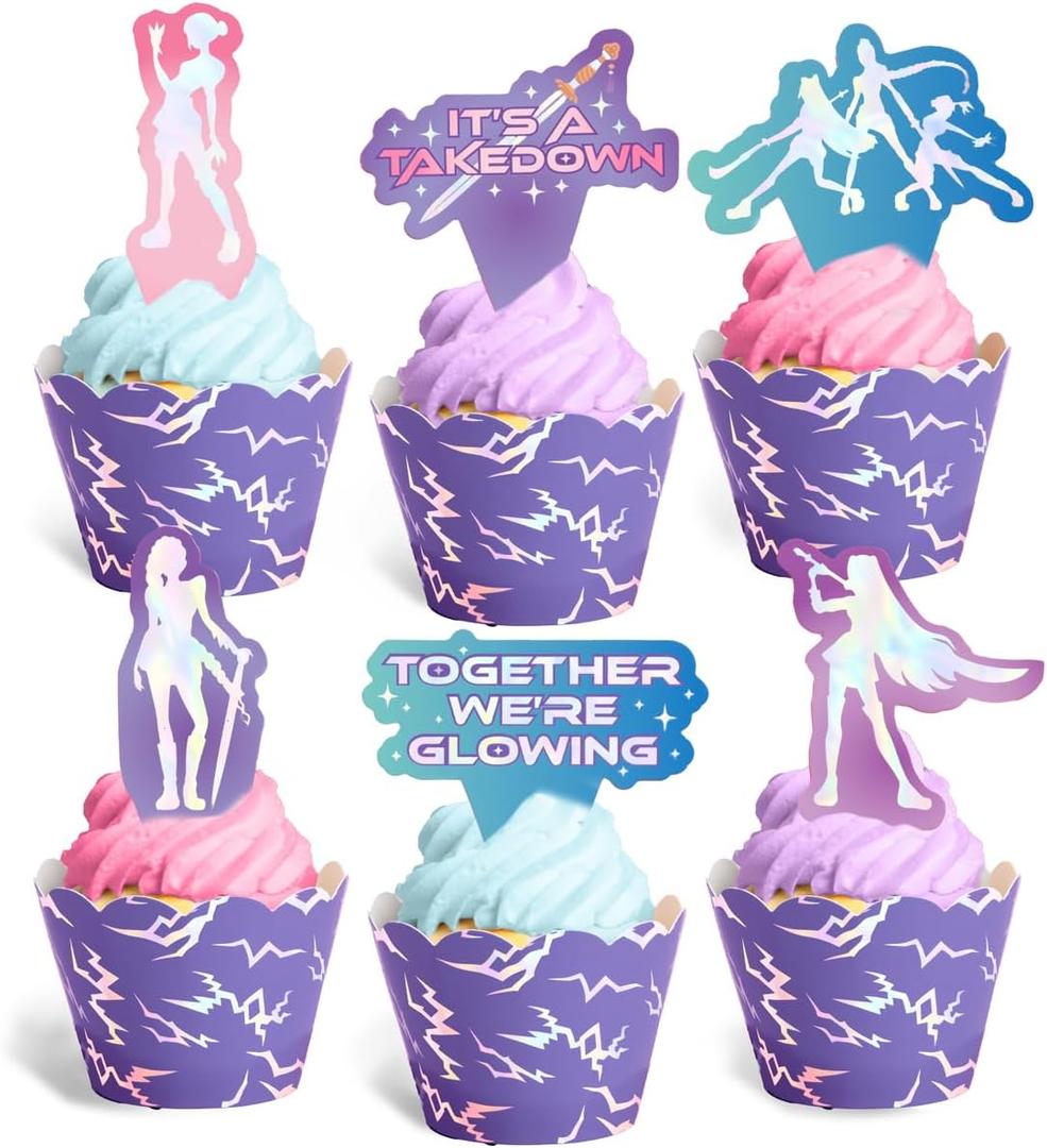 xo, Fetti Pop Star Cupcake Toppers and Wrappers - 24 Pc Set | Birthday Party Supplies, Concert Theme, Iridescent Foil, Fandom Decor, Music Party, Purple Holographic
