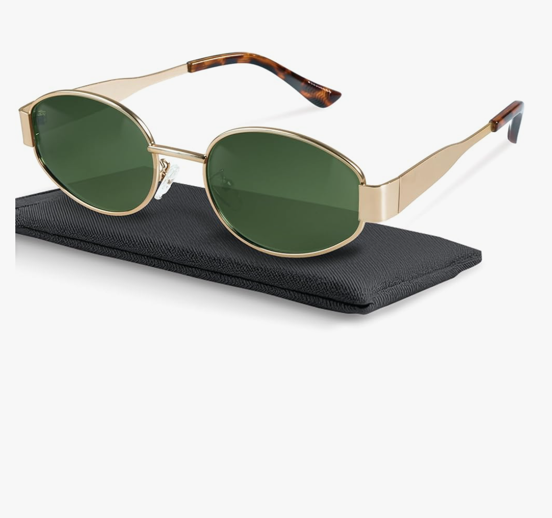 livho Retro Polarized Sunglasses - UV400 Protection, Oval Shape, Metal Frames - Matching Soft Case Inlcuded
