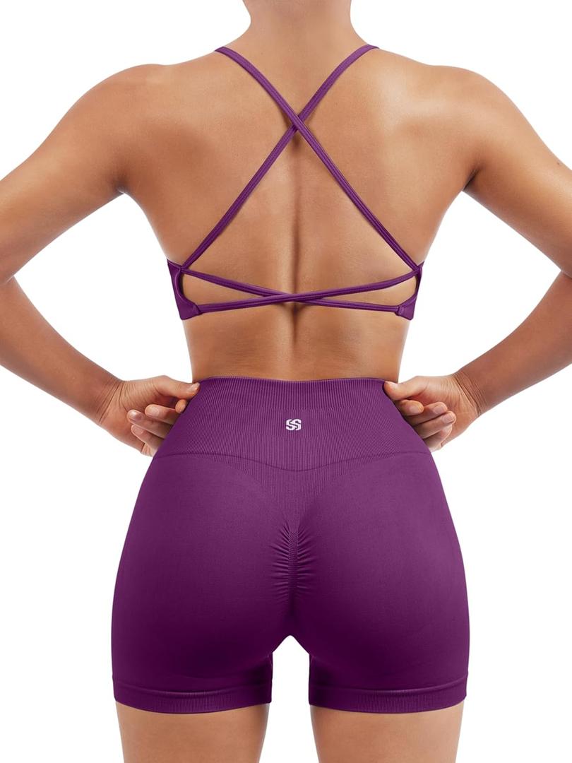 SUUKSESS Women Seamless 2 piece Workout Sets Strappy Padded Sports Bra Booty High Waisted Shorts Outfits (Deep Purple, L)