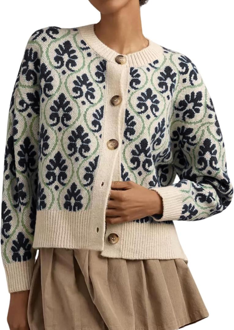 Women Floral Cardigan Sweater Open Front Long Sleeve Button Down Knit Sweater Vintage Outerwear (Medium, Black)