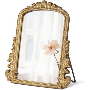 Vintage Vanity Mirror with Stand 11.8"x9.6" Gold Tabletop Makeup Mirror, Arched Decorative Mirror with Carved Engineered Wood Frame for Bedroom, Dresser, Bathroom or Desk