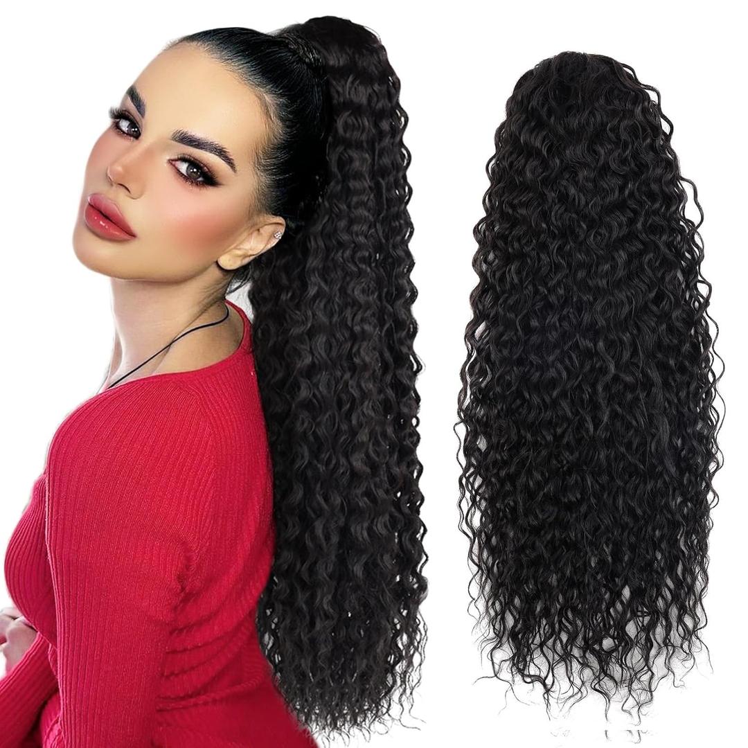Meepo 24 Inch Curly Ponytail Extensions Synthetic Deep Wave Drawstring Ponytail For Black Women Human Hair Feeling With Clip In Thick Ponytail Hair Natural Brown Hairpiece (#2,160g) (24" cw, brown)