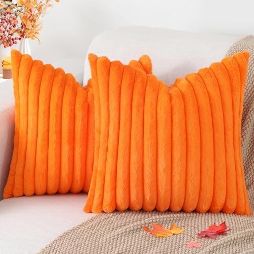 Pallene Faux Fur Plush Fall Throw Pillow Covers 20x20 Set of 2, Luxury Soft Fluffy Striped Decorative Pillow Covers for Sofa, Couch, Living Room, Burnt Orange