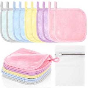 VitalCozy 10 Pack Makeup Remover Cloths, Makeup Remover Towels Reusable Face Cloth Eraser for Washing Face Microfiber Washcloth for Women Cleansing Just Water with Mesh Bag (Pastel Colors)