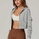 QINSEN Hoodies for Women Full Zip Up Cropped Jacket Long Sleeves with Cargo Pockets Sweatshirts Tops (Gray, S)