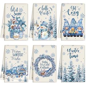 Breling Set of 6 Winter Kitchen Towel Hello Winter Dish Towel Let It Snow Bathroom Decorative Snowflake Snowman Dishcloth for Kitchen Bathroom Home Cooking Housewarming Gift, 14 x 21 Inch