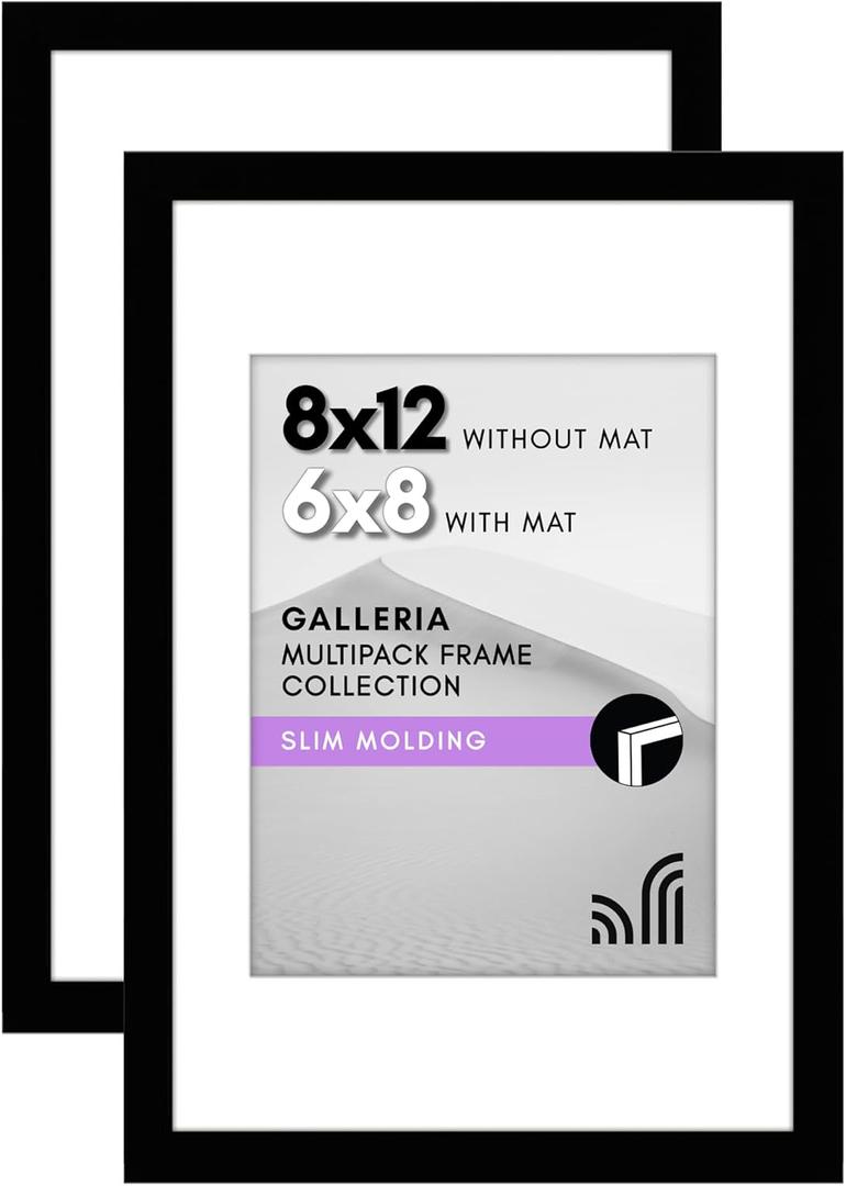 Americanflat 8x12 Picture Frame with Polished Plexiglass - Set of 2 - Use as 6x8 Frame with Mat or 8x12 Frame Without Mat - Galleria Collection - Photo Frames for Wall Display - Black