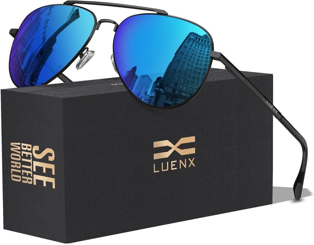 LUENX Aviator Sunglasses for Men Women Polarized Driving Classic Shades - UV 400 Protection with Accessories 60MM (5-mirrored Blue Lens/Black Frame)