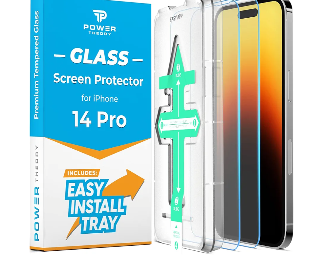 Power Theory [2 Pack Screen Protector for iPhone 14 Pro Premium Shatterproof Temptered Glass [9H Hardness], Easy Install Frame, 99.99% HD Clear, Bubble Free, Case Friendly, Anti-Scratch, Anti-Smudge