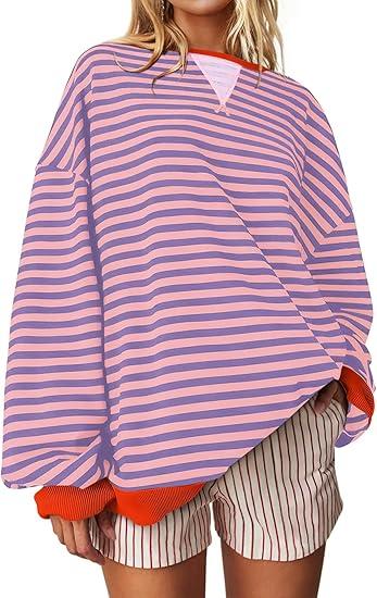 Darong Women Oversized Striped Color Block Long Sleeve Crew Neck Sweatshirt Casual Cotton Pullover Sweatshirts Fall Cloth (Small)