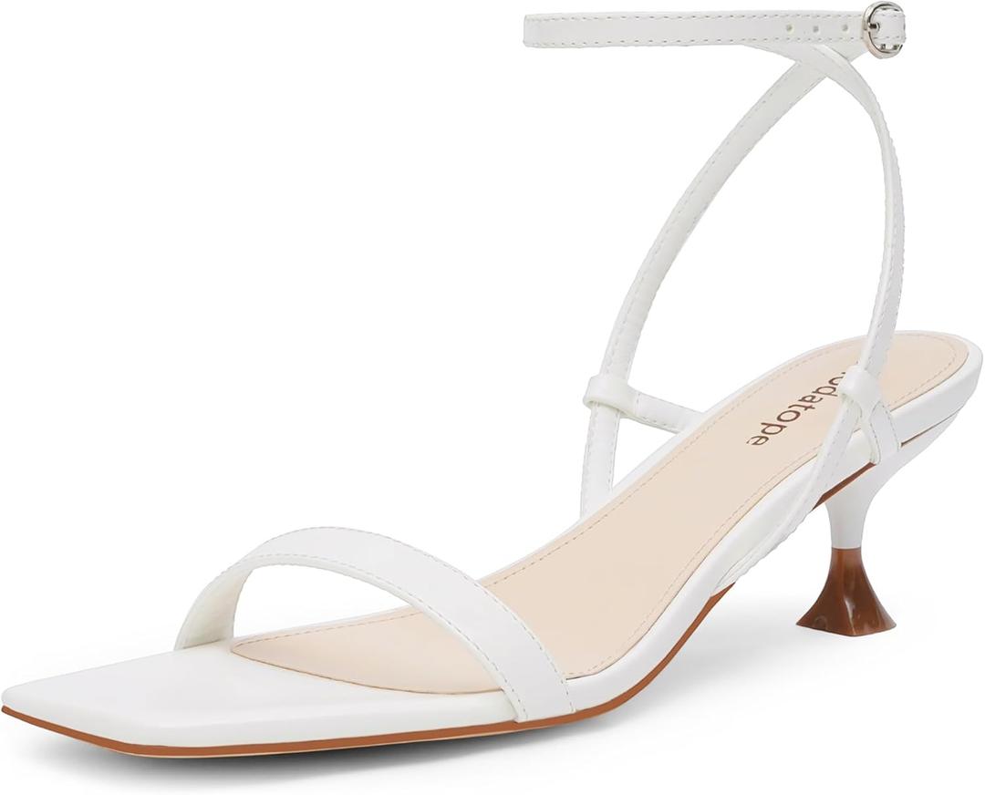 Modatope Kitten Heels for Women Open Square Toe Ankle Strap Sandals Low Heels Dress Shoes for Party (White)