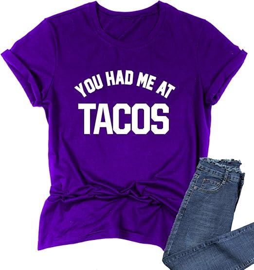 Womens You Had Me at Tacos Letters Printed Funny T-Shirt Tops Tees (Purple, M)