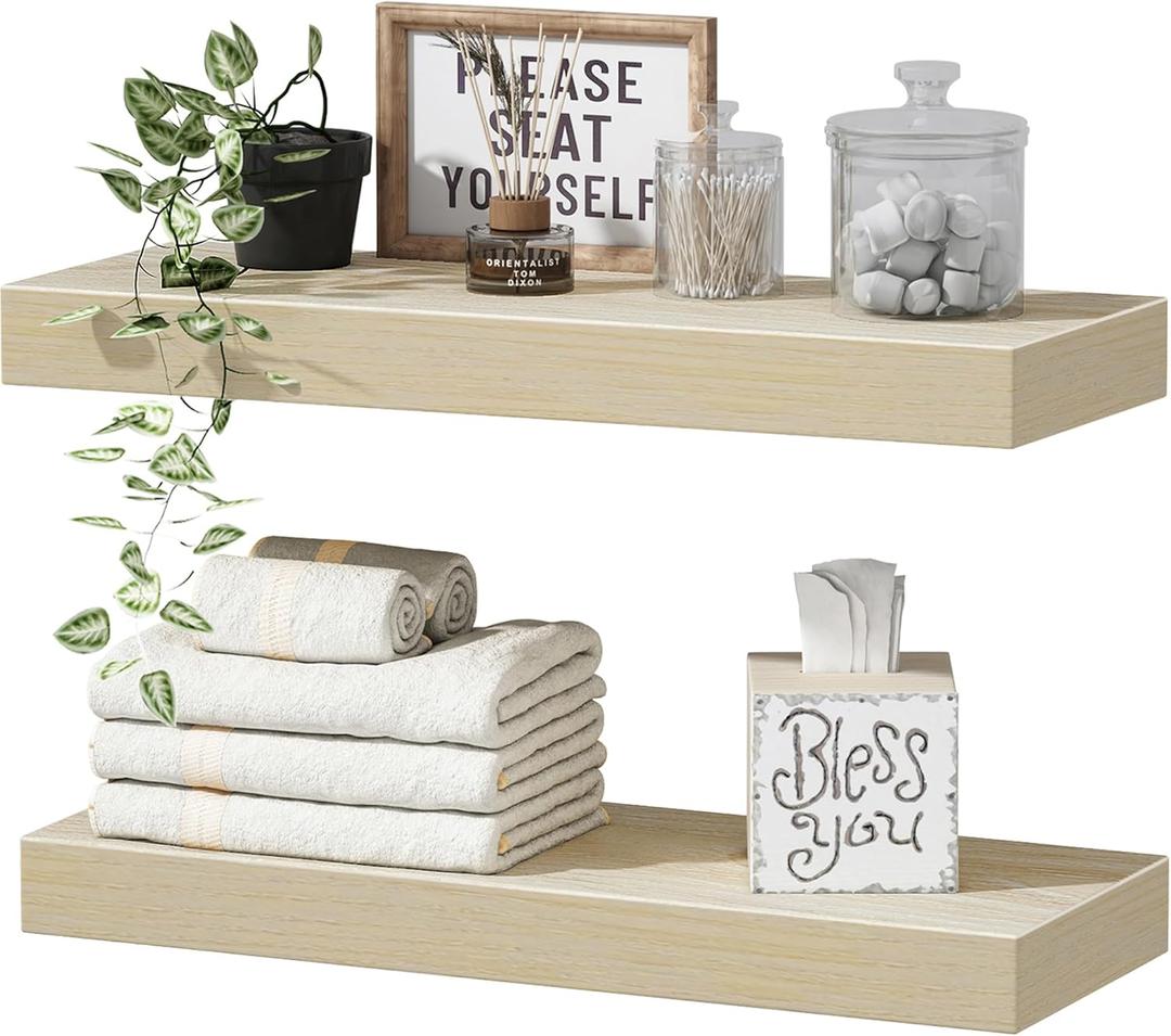 QEEIG Bathroom Shelves Wall Shelf Over Toilet Small 16 inch Set of 2, Natural Light Brown (008-40N) (15.7")