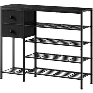 5-Tier Shoe Rack with 2 Fabric Drawers, Metal Frame and Wooden Board Shoe Organizer for 16-20 Pairs of Shoes, Shoe Shelf with Boots Storage for Entryway Closet Black
