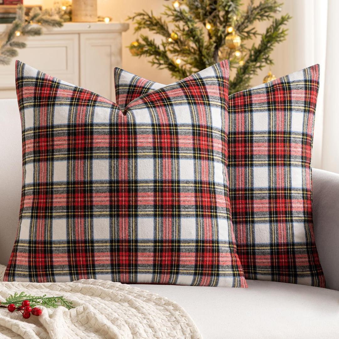 MIULEE Christmas Set of 2 Scottish Tartan Plaid Throw Pillow Covers Farmhouse Classic Decorative Outdoor Square Cushion Cases for Home Decor Sofa Couch 20x20 Inch, Red and White