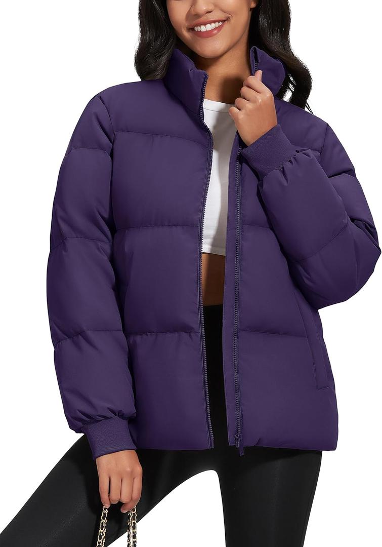 MAGCOMSEN Women's Winter Down Puffer Jackets Stand Collar Zip Up Water Resistant Warm Padded Quilted Coat with Pockets (Purple, S)