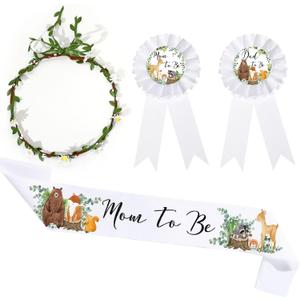 Xinnun 4 Pieces Mom to Be Sash Baby Shower Decor for Mommy and Dad Corsage Pin with Flowers Crown for Party Gender Reveal(White,Woodland Animal)