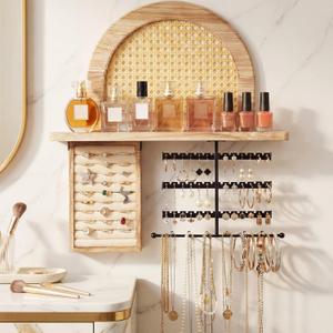 AceOrbit Hanging Jewelry Organizer Wall Mounted with Rustic Wood Rattan Shelf Wooden Ring Display Box Large Boho Jewelry Holder for Necklaces Bracelet Earrings Rings Storage