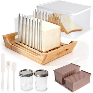 6 In 1 Homemade Bread Slicer With Bread Box For Homemade BreadAdjustable 304 Stainless Steel Guide With Crumb Tray 2 Loaf Pan With Lid Mason Jars Basting Pastry Brush And Scraper Bread Loaf Slicer