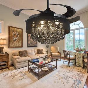 MORE CHANGE 42'' Crystal Ceiling Fan with Light and Remote Control Modern Black Retractable Ceiling Fan Chandelier 3 Color Changes 3 Speeds Indoor Fandalier, Silent Motor with LED Light Kits Included