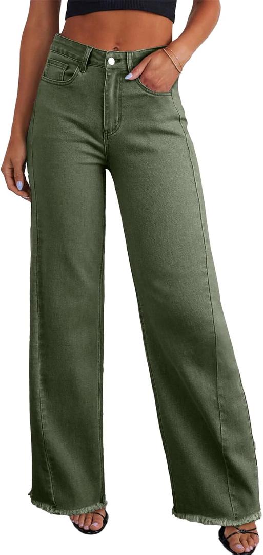 Sidefeel Women's Wide Leg Jeans High Waisted Stretchy Raw Hem Denim Pants Size 12 Green