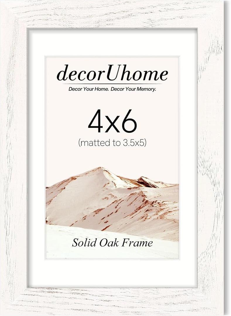 decorUhome Solid Oak Wood 4x6 Picture Frame, Display Pictures 3.5x5 with Mat or 4x6 without Mat, Wall & Tabletop Display Photo Frame, White, 1 Pack